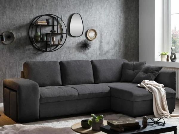 achat Canapé D’angle Convertible BASTA Avec Méridienne Gauche Tissu Noir 1