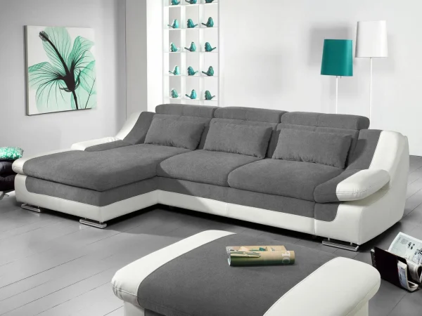 authentiques Canapé Convertible ADAMOB Avec Méridienne Gauche Tissu Et éco-cuir Pierre Gris/blanc 1