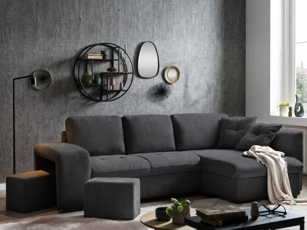 achat Canapé D’angle Convertible BASTA Avec Méridienne Gauche Tissu Noir 3