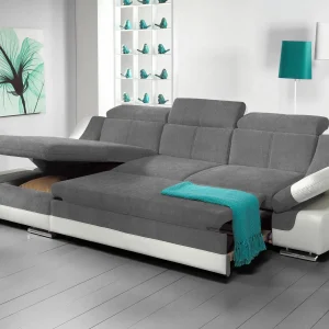 authentiques Canapé Convertible ADAMOB Avec Méridienne Gauche Tissu Et éco-cuir Pierre Gris/blanc 9