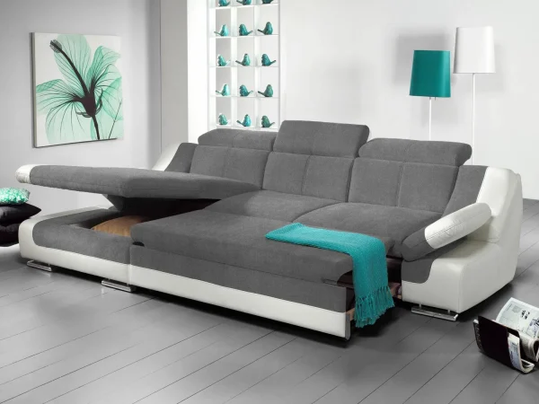authentiques Canapé Convertible ADAMOB Avec Méridienne Gauche Tissu Et éco-cuir Pierre Gris/blanc 3