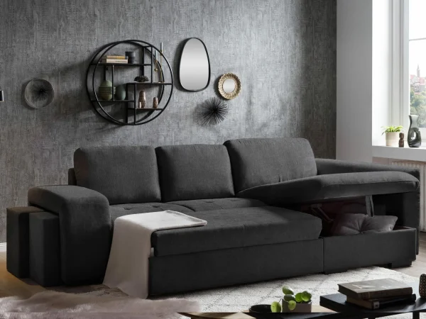 achat Canapé D’angle Convertible BASTA Avec Méridienne Gauche Tissu Noir 4