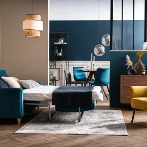 Canapé Convertible 3 Places En Tissu Velours Bleu Paon Et Bois Clair Avec Matelas 9 Cm CIGALE marque pas cher 22