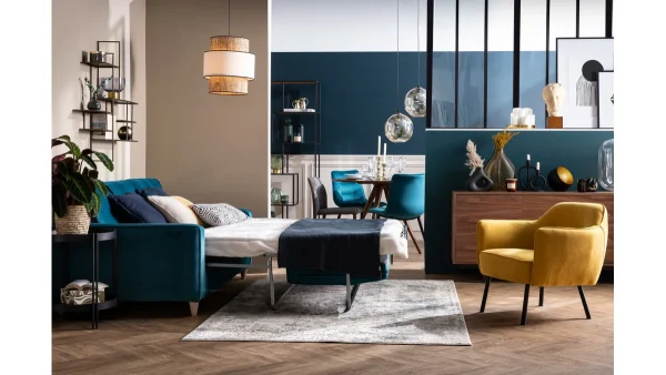 Canapé Convertible 3 Places En Tissu Velours Bleu Paon Et Bois Clair Avec Matelas 9 Cm CIGALE marque pas cher 8