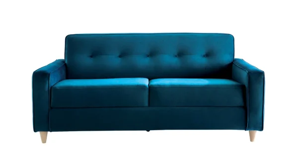 Canapé Convertible 3 Places En Tissu Velours Bleu Paon Et Bois Clair Avec Matelas 9 Cm CIGALE marque pas cher 1