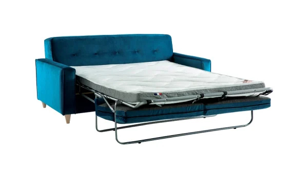 Canapé Convertible 3 Places En Tissu Velours Bleu Paon Et Bois Clair Avec Matelas 9 Cm CIGALE marque pas cher 3