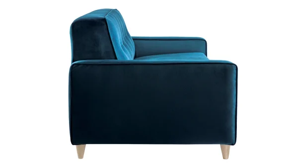 Canapé Convertible 3 Places En Tissu Velours Bleu Paon Et Bois Clair Avec Matelas 9 Cm CIGALE marque pas cher 4