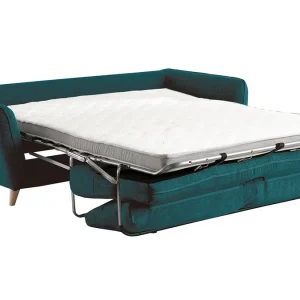 excellent qulity Canapé Convertible Scandinave 3 Places En Tissu Bleu Paon Et Bois Clair Avec Matelas 10 Cm CREEP 13
