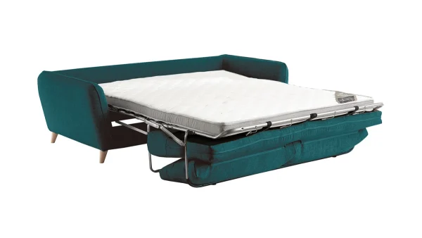 excellent qulity Canapé Convertible Scandinave 3 Places En Tissu Bleu Paon Et Bois Clair Avec Matelas 10 Cm CREEP 4