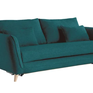 excellent qulity Canapé Convertible Scandinave 3 Places En Tissu Bleu Paon Et Bois Clair Avec Matelas 10 Cm CREEP 11