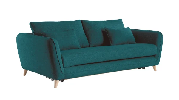 excellent qulity Canapé Convertible Scandinave 3 Places En Tissu Bleu Paon Et Bois Clair Avec Matelas 10 Cm CREEP 3