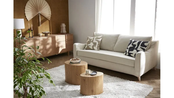 Large choix en ligne Canapé Convertible Scandinave 3 Places En Tissu Gris Clair Et Bois Clair Avec Matelas 10 Cm VENDOME 7