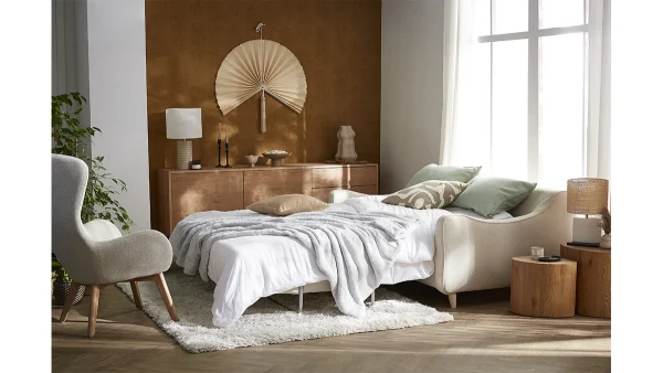 Large choix en ligne Canapé Convertible Scandinave 3 Places En Tissu Gris Clair Et Bois Clair Avec Matelas 10 Cm VENDOME 8