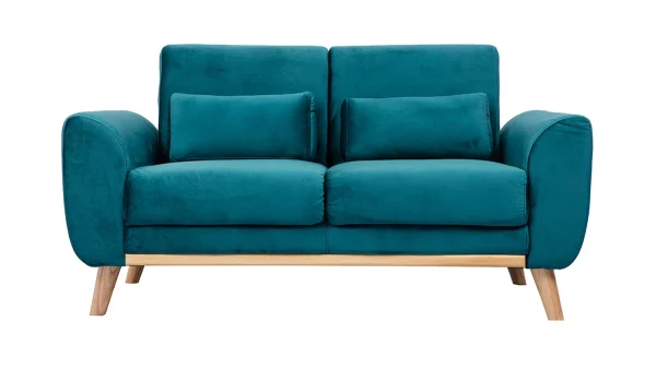 Canapé Scandinave 2 Places En Tissu Velours Bleu Pétrole Et Bois Clair EKTOR dernières 1