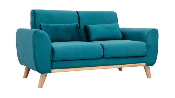 Canapé Scandinave 2 Places En Tissu Velours Bleu Pétrole Et Bois Clair EKTOR dernières 3